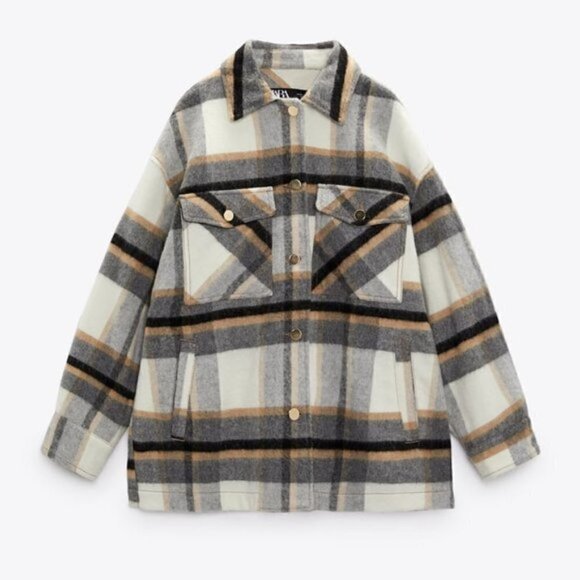 ZARA Beige Plaid Button Down Shacket L - Picture 1 of 7